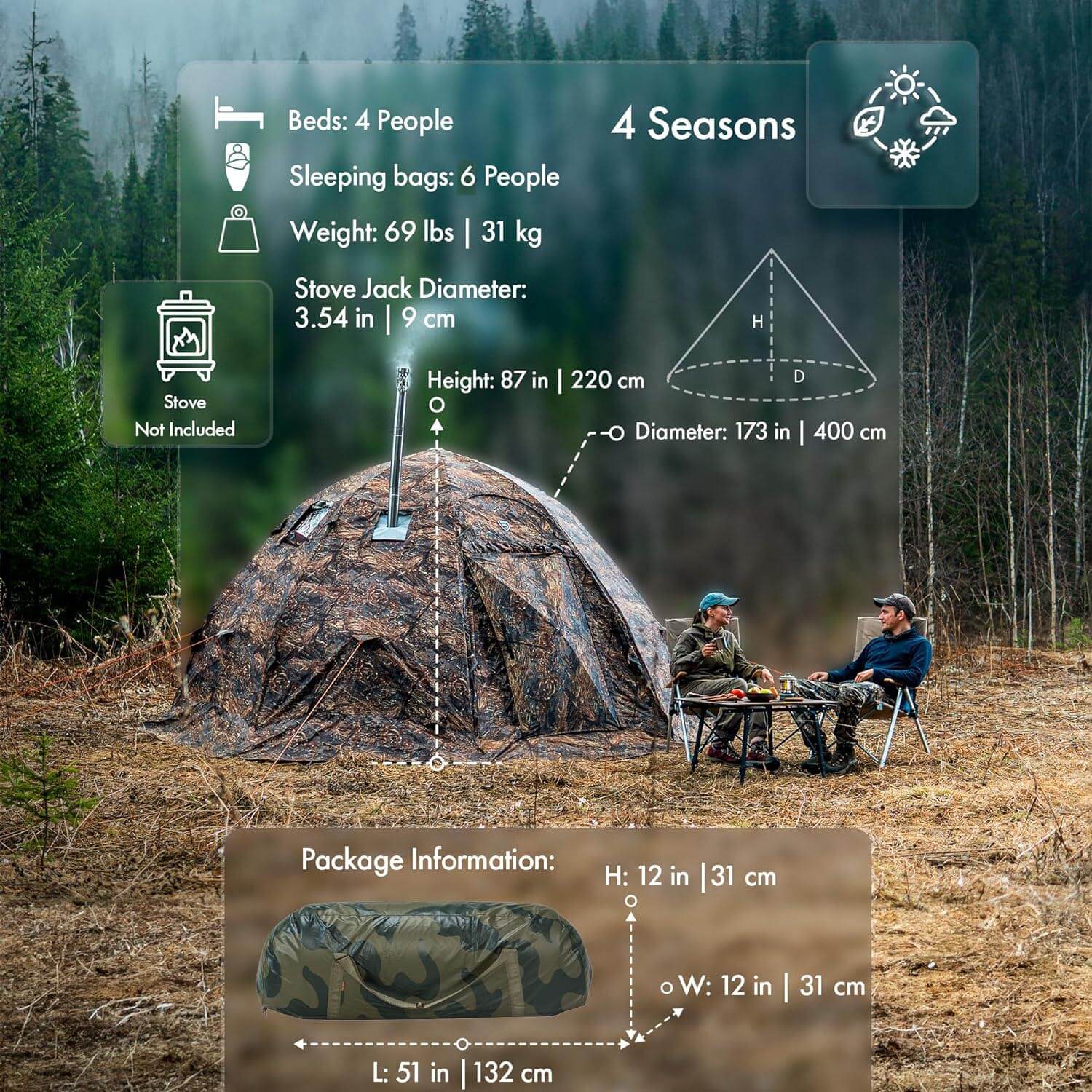 RBM All-Seasons tent UP-5 for 2-6 person + Wood Stove Caminus M | Backcountry Sportsman