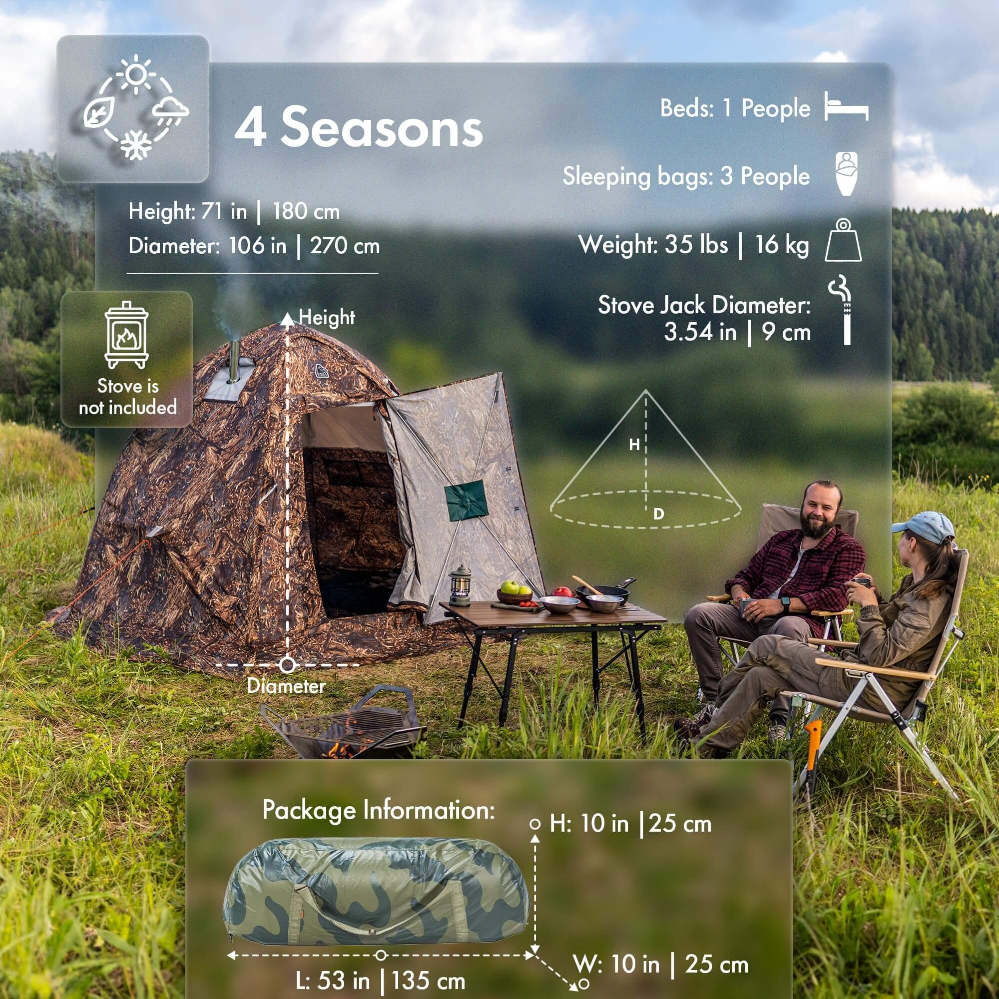 RBM All-Seasons tent UP-2 mini for 1-3 person + Wood Stove Caminus S + Three-Layer Floor | Backcountry Sportsman