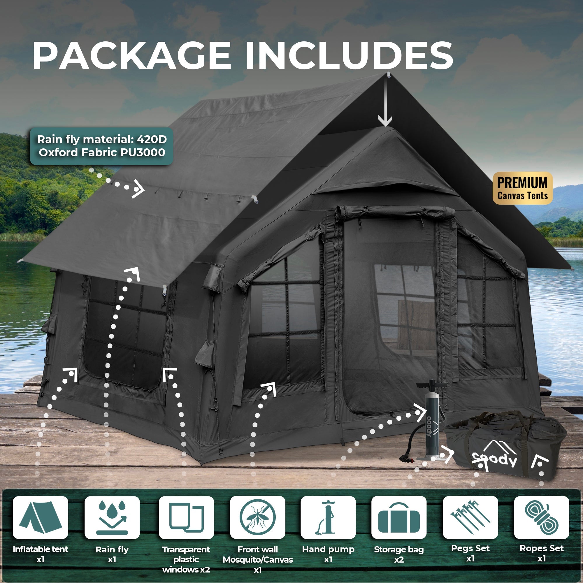Coody 8.0 Black - Inflatable Tent House for Camping 1-4 person | Backcountry Sportsman