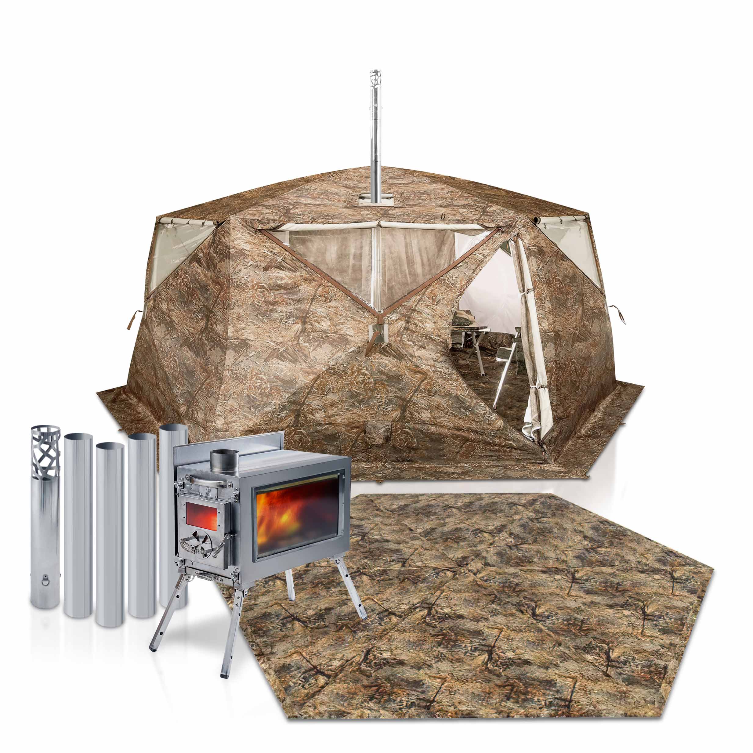 RBM All-Seasons tent Hexagon for 2-9 person + Wood Stove Caminus M + Three-Layer Floor | Backcountry Sportsman