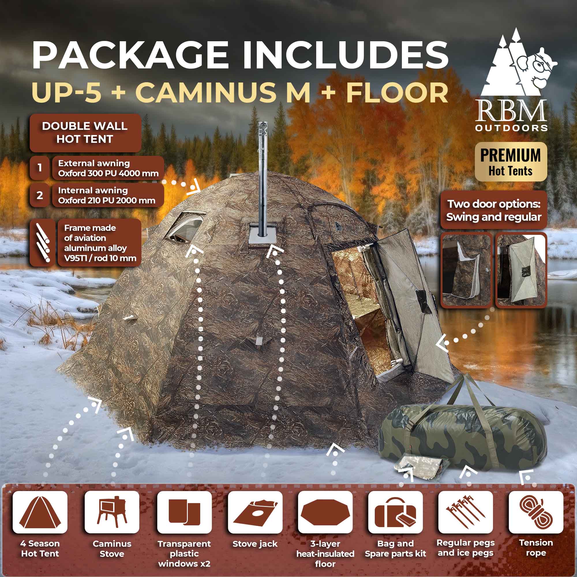 RBM All-Seasons tent UP-5 for 2-6 person + Wood Stove Caminus M + Three-Layer Floor | Backcountry Sportsman