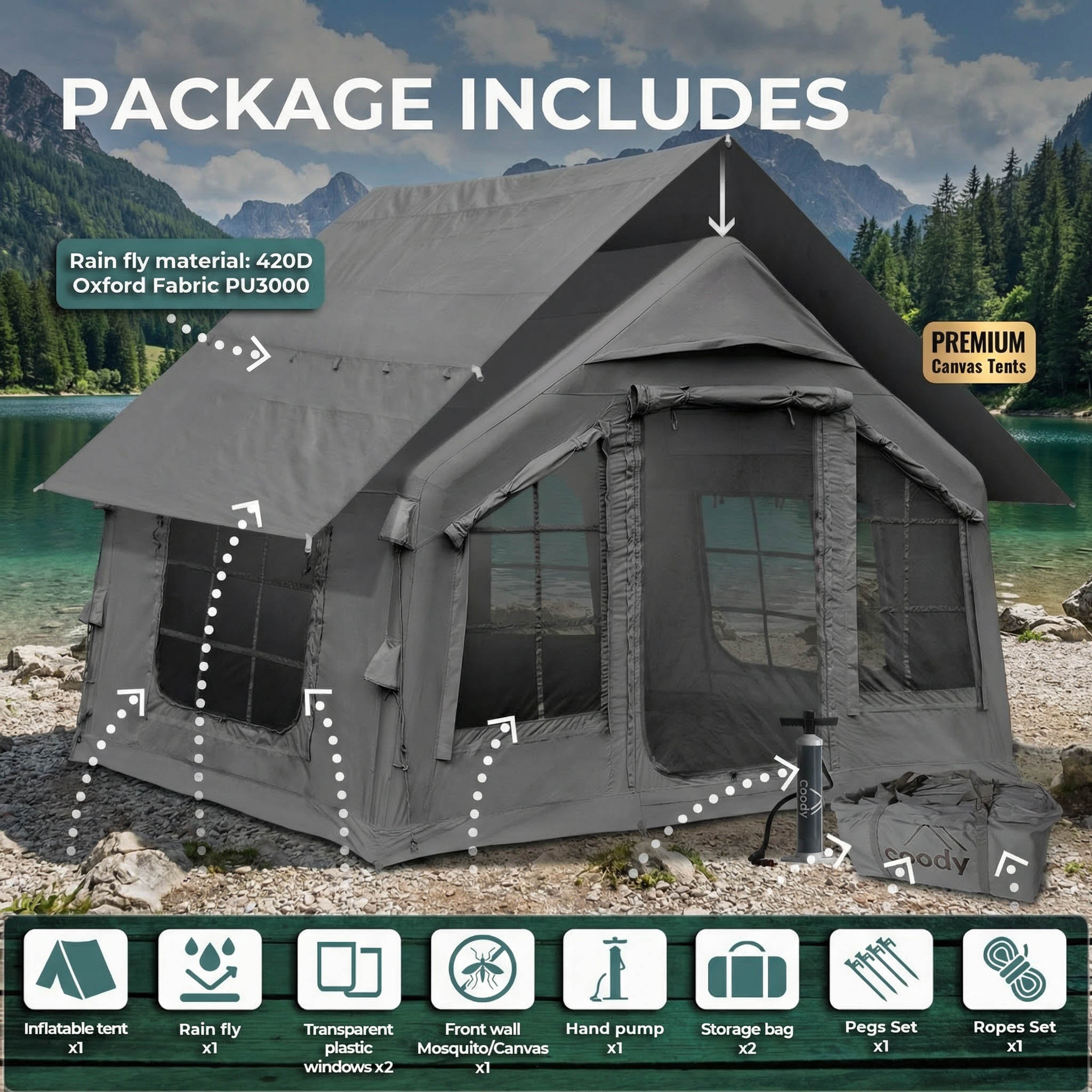 Coody 8.0 Gray - Inflatable Tent House for Camping 1-4 person | Backcountry Sportsman