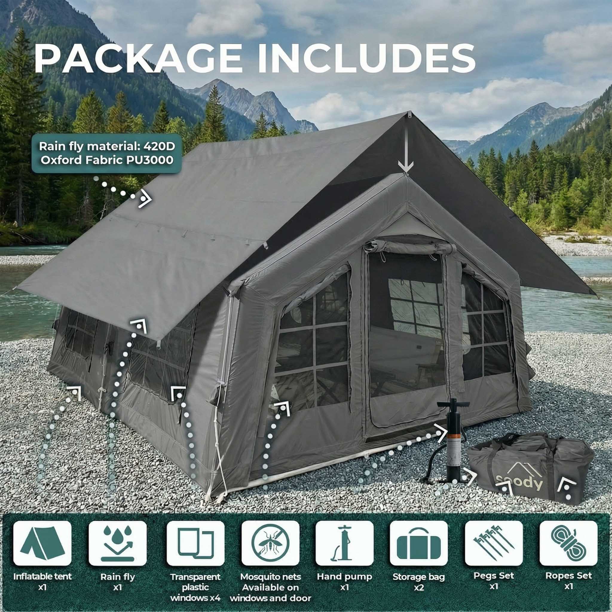 Coody 13.6 (Koala-5) Gray Inflatable Tent House for Camping (2-8 person) | Backcountry Sportsman
