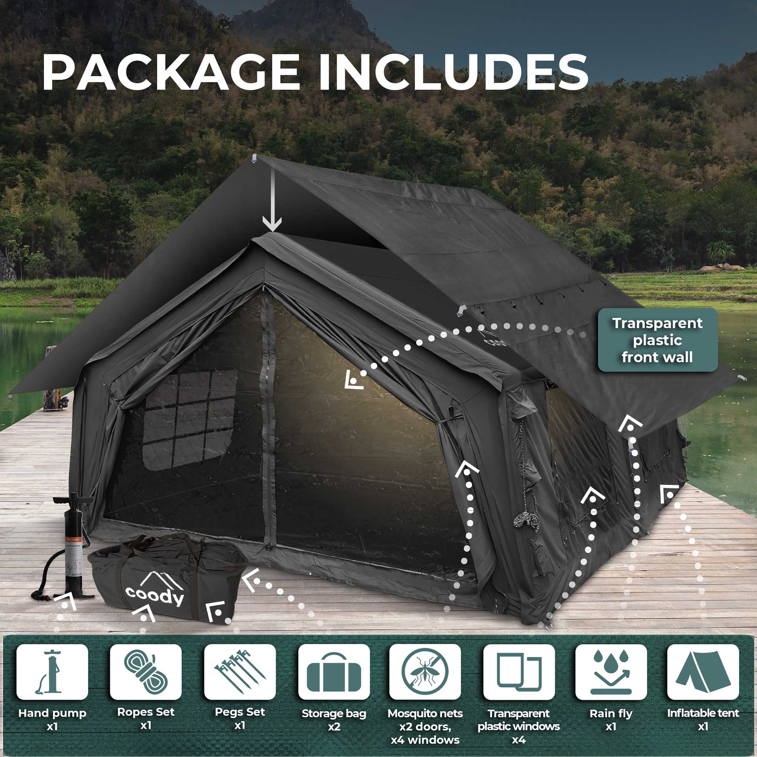 Coody 17.2 | RBM Outdoors (Koala 7) Black + Stove Caminus M - Inflatable Tents with Stove | Backcountry Sportsman