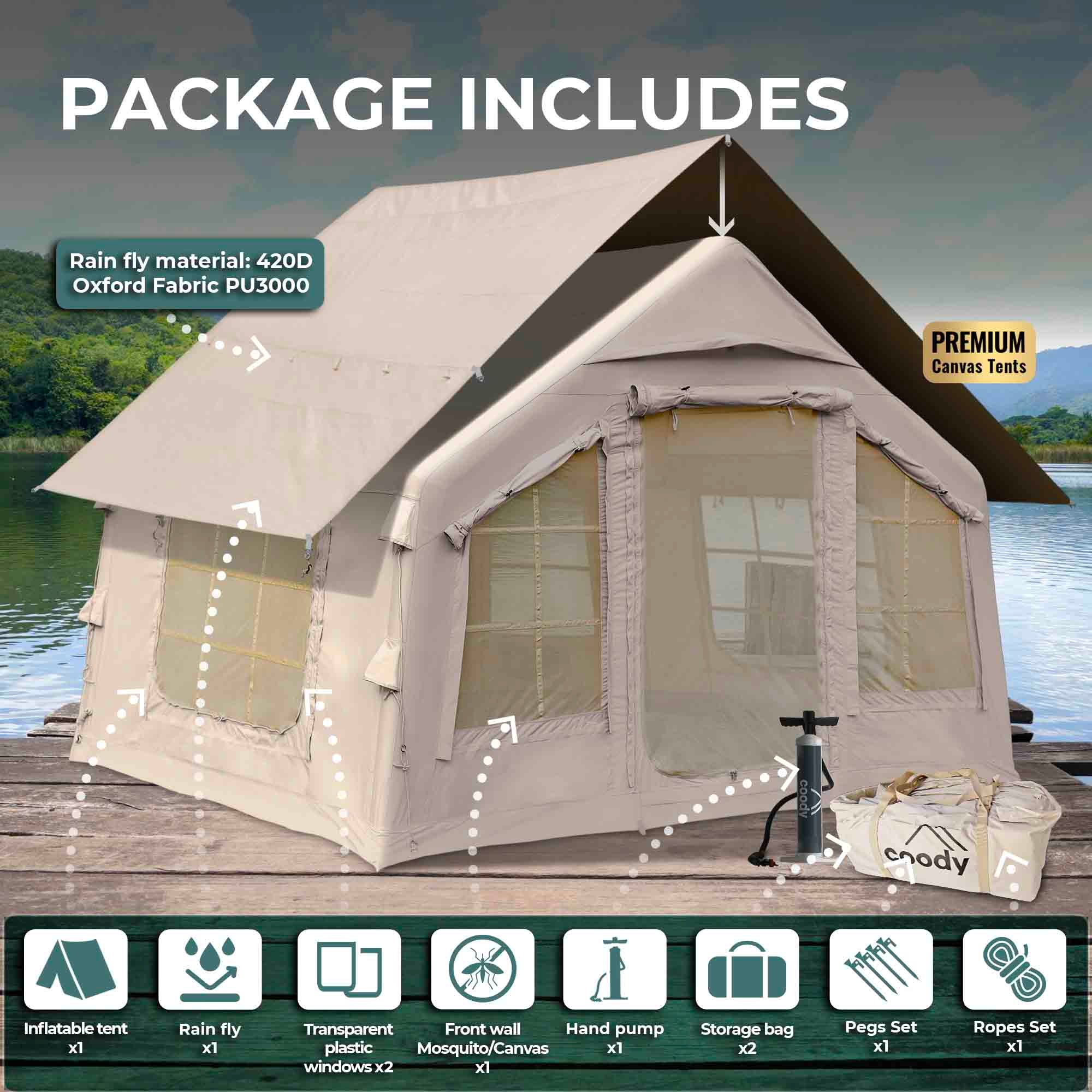 Coody 8.0 Beige Inflatable Tent House for Camping (1-4 person) | Backcountry Sportsman
