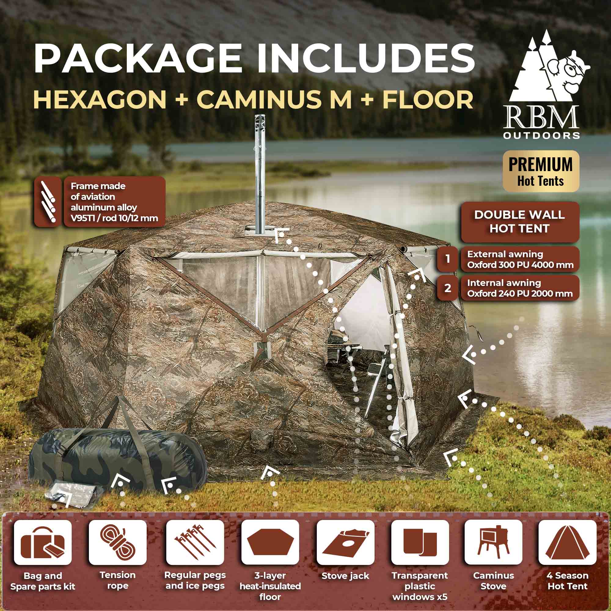 RBM All-Seasons tent  Hexagon for 2-9 person + Wood Stove Caminus M | Backcountry Sportsman