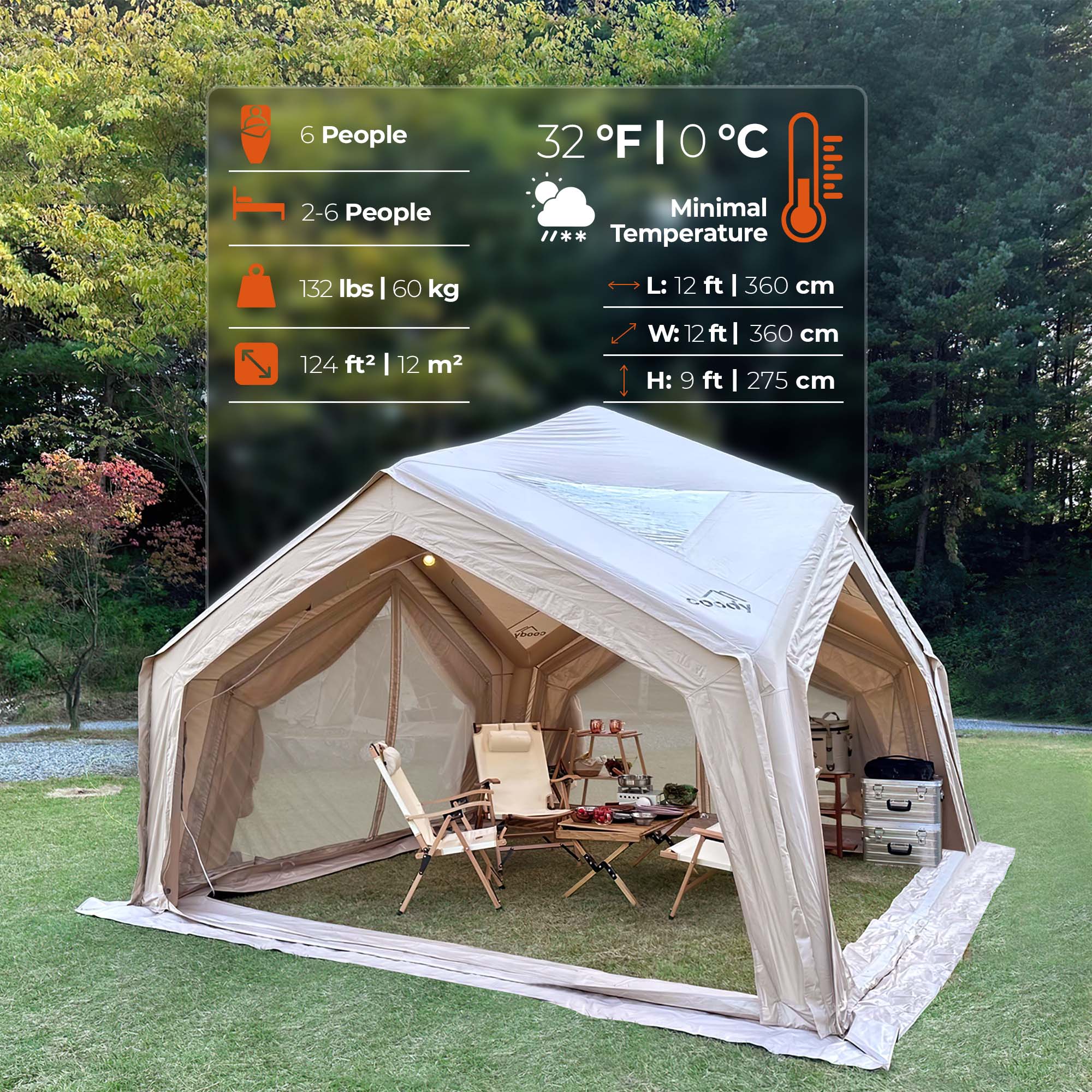 Coody Hub Beige (2-6 person) + Ground Sheet PVC + Carpet Coody Hub + Electric Pump