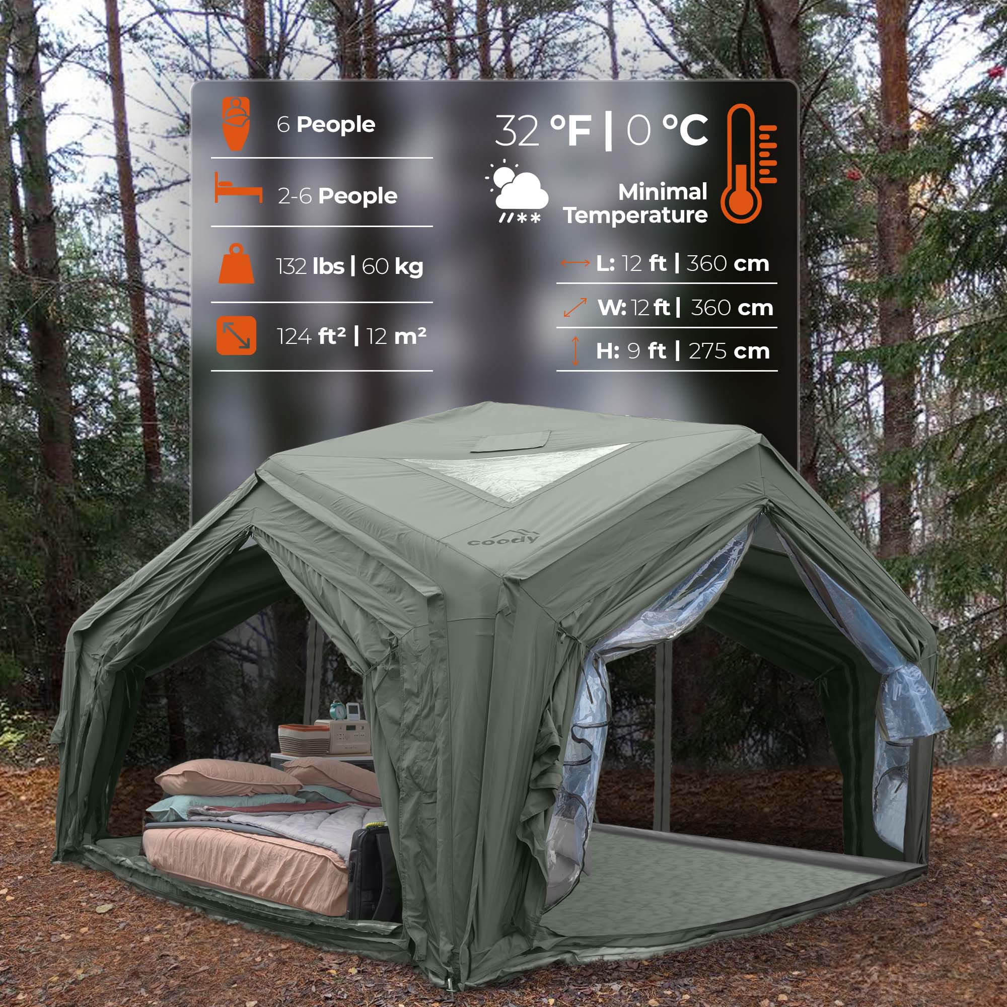 Coody Hub Forest Green (2-6 person) + Ground Sheet PVC + Carpet Coody Hub + Electric Pump