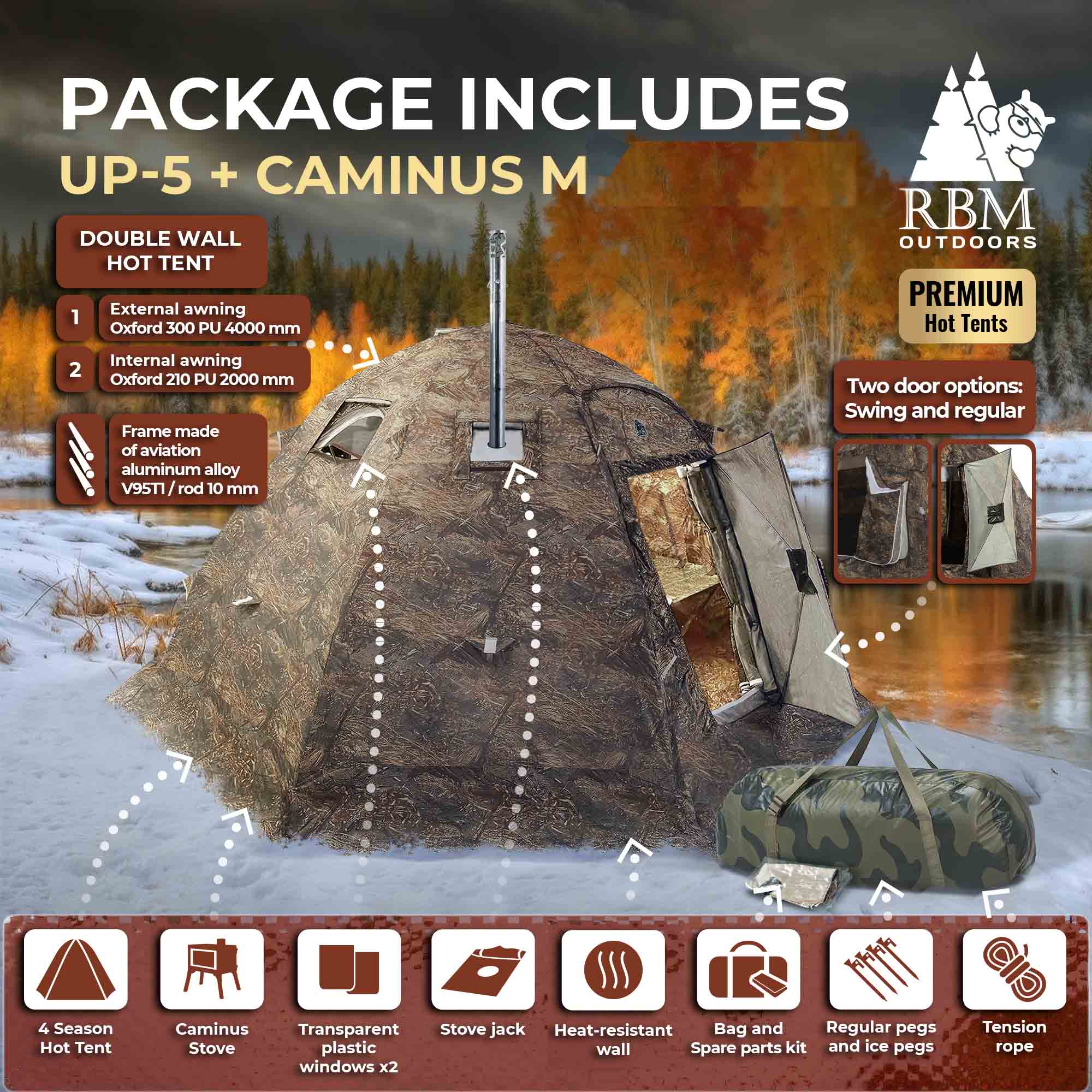 RBM All-Seasons tent  UP-5 for 2-6 person + Wood Stove Caminus M | Backcountry Sportsman