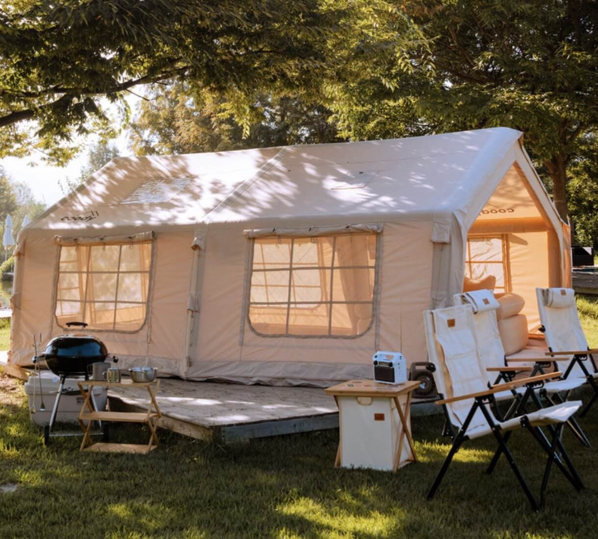 Coody 17.2 | RBM Outdoors (Koala 7) Beige + Stove Caminus M - Inflatable Tents for Camping with Stove | Backcountry Sportsman